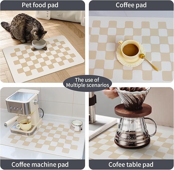 2PCS 24''x16'' Water Absorbent Dish Drying Mats for Kitchen Counter Checkered Coffee Bar Station Accessories, Easy Clean and Quick Drying,Beige Checkered