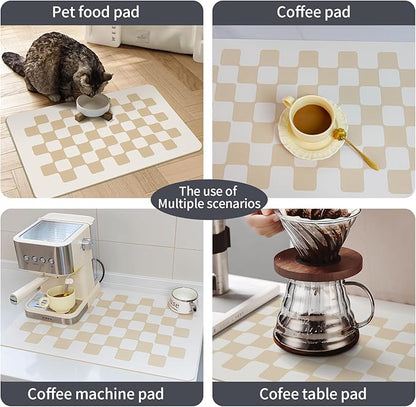 2PCS 24''x16'' Water Absorbent Dish Drying Mats for Kitchen Counter Checkered Coffee Bar Station Accessories, Easy Clean and Quick Drying,Beige Checkered