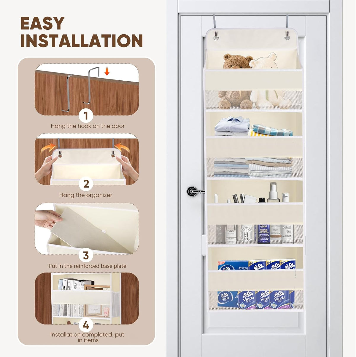 QINGUANG Over The Door Organizer,Hanging Organization and Storage, Behind Door Organizer with Side Pockets, 35 lbs Capacity,Anti Tilt, for Nursery, Bathroom, Bedroom,Dorm 4-Shelf Beige