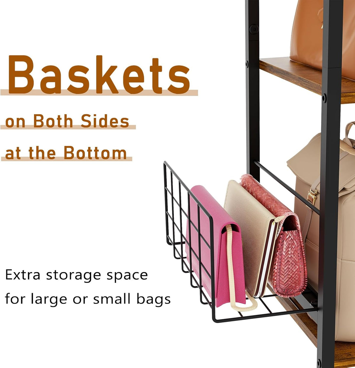 4-Tier Purse Organizer for Closet with 3 Side Hooks and 2 Baskets, High Capacity Purse Rack Stand for Purse Storage, Metal & Wood Handbag Holder for Handbag Organizer, Patent Pending