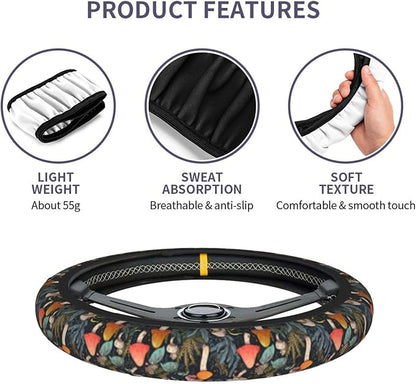 Mushrooms Cute Steering Wheel Cover Non-Slip Breathable Sweat-Absorbent Suitable for SUV Van Truck Car Universal Protection Accessories 15 Inch Suitable for Women Men