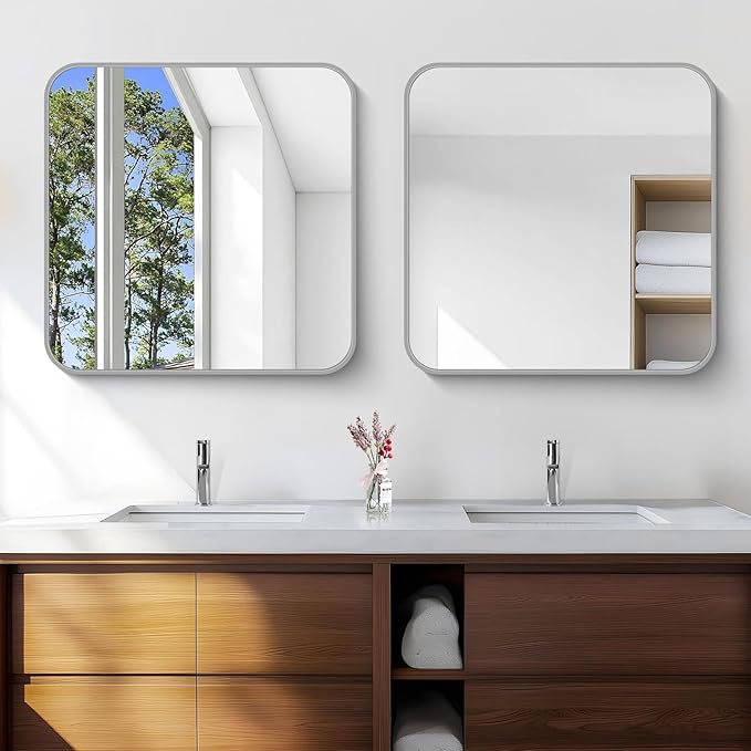Silver Bathroom Mirror, 30 x 30 Inch Silver Square Mirror, Metal Framed