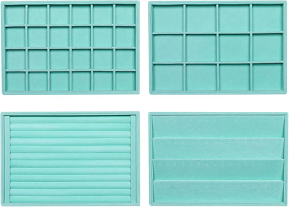 Frebeauty Stackable Velvet Jewelry Organizer Trays for Drawers Inserts Jewelry Storage Tray Display Case, Stud Earrings Bracelets Necklace Rings Accessories Trays for Women(Set of 4)(Turquoise)