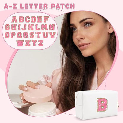 Small Personalized Initial A-Z Patch Makeup Bag,White Cute PU Leather Glitter Letter Cosmetic Bag for Teen Girls,Travel Toiletry Bag with Zipper,Preppy Monogrammed Birthday Gift for Daughter Niece B
