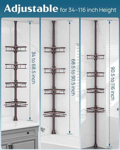 SEIRIONE Rustproof Shower Corner Caddy Organizer for Bathroom,Tension Pole with 4 Baskets, for Bathtub Storage Rack, 34 to 116 Inch Height, Bronze
