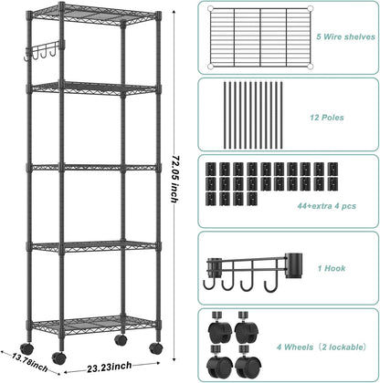 Himimi 5-Tier Wire Shelving Unit on Wheels, Adjustable Heavy Duty Metal Shelves with Side Hooks, Metal Organization Wire Rack for Kitchen Garage Basement, 13" L x 23" W x 72" H, Black