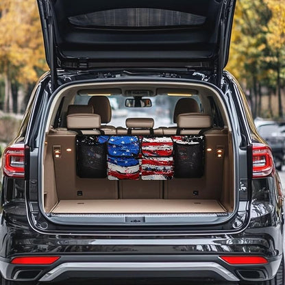 American Flag Print Car Trunk Organizer and Storage, Backseat Hanging Organizer for SUV, Truck, Collapsible Cargo Storage Bag with 4 Pockets, Car Interior Accessories for Men and Women