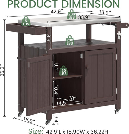 Weatherproof HIPS Outdoor Kitchen Island with Stainless Steel Top & Storage Cabinet, Movable Prep Table with Wheels for BBQ Food Prep, Outdoor Grill Cart for Parties, Brown