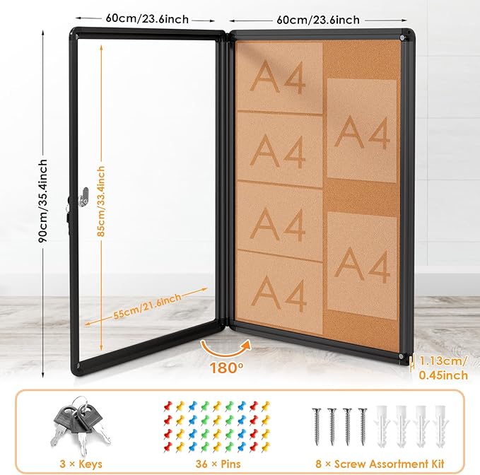 Enclosed Bulletin Board Cork Board 36x24 in, Lockable Wall Display Case