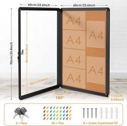 Enclosed Bulletin Board Cork Board 36x24 in, Lockable Wall Display Case