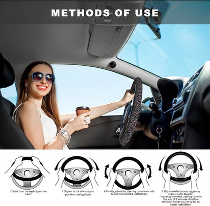 Pink Black Leopard Cheetah Print Steering Wheel Cover, Cute Anti-Slip Breathable Car Accessories Interior Elastic Steering Wheel Cover for Women Fit Auto, SUV Vans Truck Universal 14.5-15 Inch