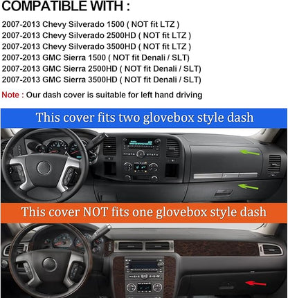 Dashboard Cover for GMC Sierra and Chevrolet Silverado- Fits 2007-2013 Models with Two Glove Boxes. Custom Fit Dash Mat, Won't Break Dash Sensors(Premium Carpet, Brown)