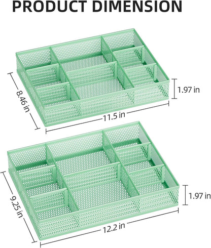 Marbrasse 2 Pack Desk Drawer Organizer, Mesh Drawer Organizer Tray with 8 Adjustable Compartments, Desk Organizers and Accessories, 5 Dividers Drawer for Office Supplies, Makeup & Vanity (Green)