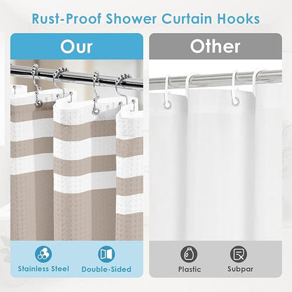 Nesphy Shower Curtain and Liner, Taupe Striped 3 in 1 Shower Curtain and PEVA Liner Set with 12 Rust-Resistant Metal Hooks, Waterproof Fabric Shower Curtains for Bathroom, 72 W x 72 H