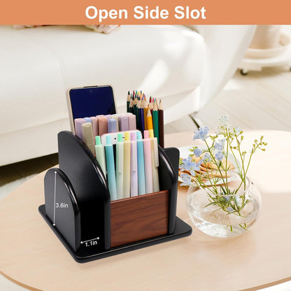Coideal Remote Control Holder Caddy - Wooden Rotating Coffee Table Organizer Large Spinning Wood Remote Holder for Living Room Office (6 Compartments, Brown & Black)