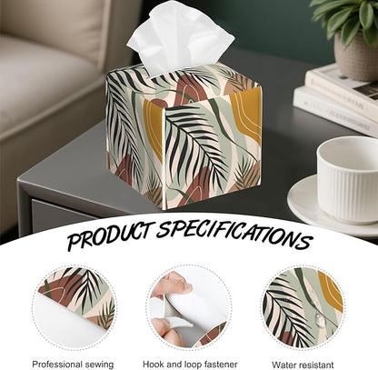 Boho Geometric Art Tissue Box Holder,Cube Tissue Box Cover Holder,Leather Facial Paper Organizer Dispenser Home for Bedroom Night Stands,Kitchen,Office and Car,5.2"×5.2"×5.2"
