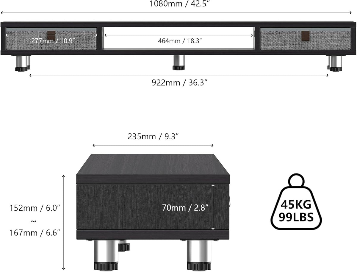 Fenge Dual Monitor Stand with 2 Drawers, 42.5 Inches Large Computer Riser for Desk, Adjustable Height Desk Shelf with Storage for Laptop, PC, TV, Printer