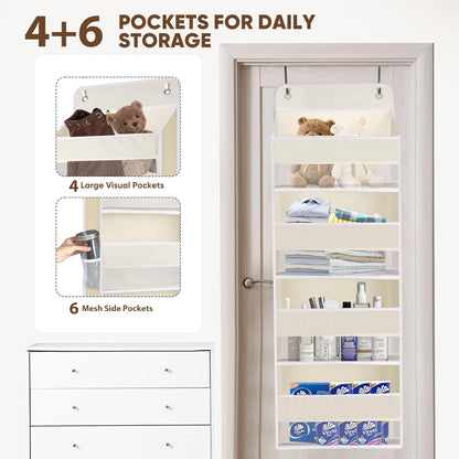 QINGUANG Over The Door Organizer,Hanging Organization and Storage, Behind Door Organizer with Side Pockets, 35 lbs Capacity,Anti Tilt, for Nursery, Bathroom, Bedroom,Dorm 4-Shelf Beige