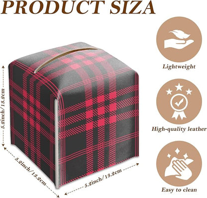 Red and Black Checkered Tissue Box Cover Square, Vintage Leather Tissue Holder with Bottom Belt, for Nightstands Desks Office Bathroom Car Vanity Home Decor Supplies -008