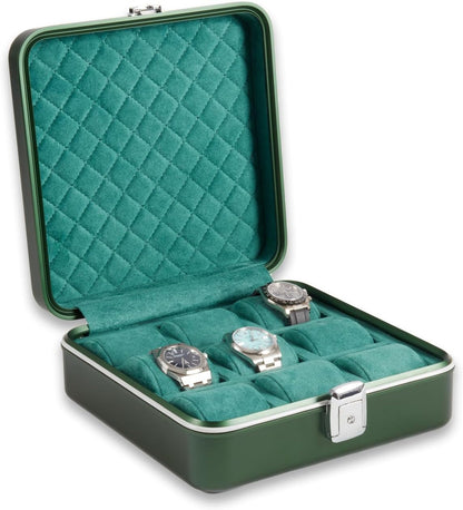 Bey-Berk Personalized Prague Aluminum 9-Slot Watch Case (Hunter Green), Locking Travel Metal Watch Box with Quilted Interior, 9.75" x 3" x 10.25"