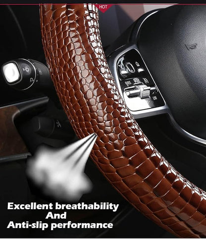 Luxury Crocodile Texture Glossy Leather Car Steering Wheel Cover, New Universal 15 Inch Vehicle Steering Wheel Cover for Cars, Trucks, Suvs, Pickups Interior Accessories (Gray)