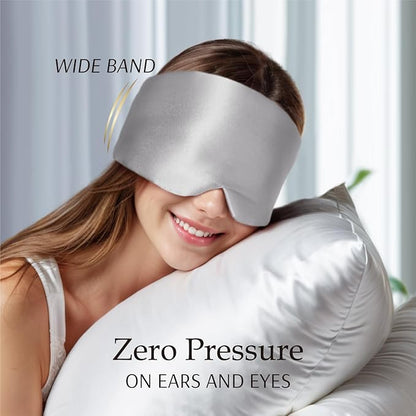 Zenssia 100% Mulberry Silk Sleep Mask Eye Mask for Man and Woman with Adjustable Headband, Full Size Large Sleep Mask & Blindfold for Total Blackout for All Night Sleep, Travel & Nap-Silvergrey