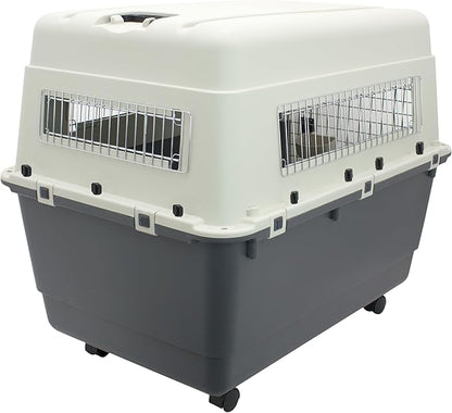 SportPet Designs Plastic Kennels Rolling Plastic Airline Approved Wire Door Travel Dog Crate, XXX-Large, Gray