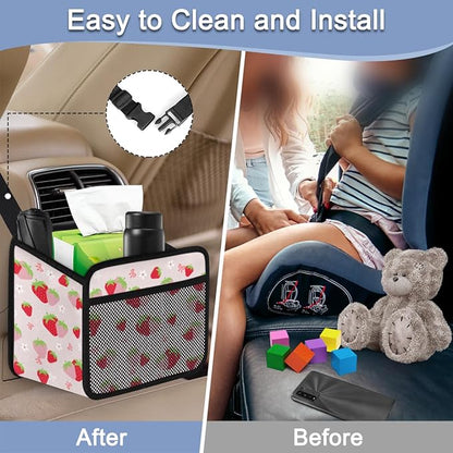 Cute Strawberry Print Car Organizer for Kids, Backseat Headrest Storage Bag, Adorable Cartoon Fruit Pattern, Foldable Waterproof PU Leather Organizer, Perfect for Mom and Baby