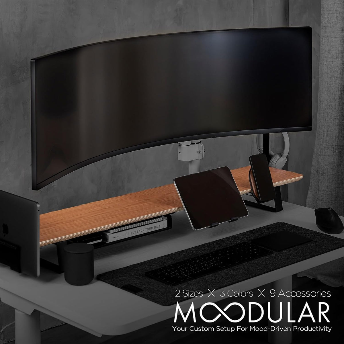 Moodular Wooden Monitor Stand 45.6” (116cm) Large Desk Organizer with Metal Slide Rails for Drawer, Tray, Laptop, Tablet, Phone & Headphones Customizable Riser for Organized Workspace Oak
