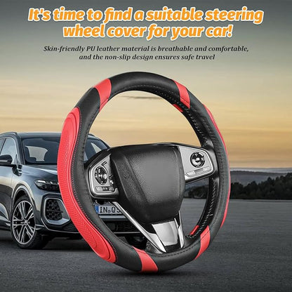 Car Steering Wheel Cover, Breathable Soft Leather Vehicle Wheel Cover Protector for Men Women, Non-Slip Automotive Interior Protection Accessories, Universal for Most Vehicles (Black/Red)