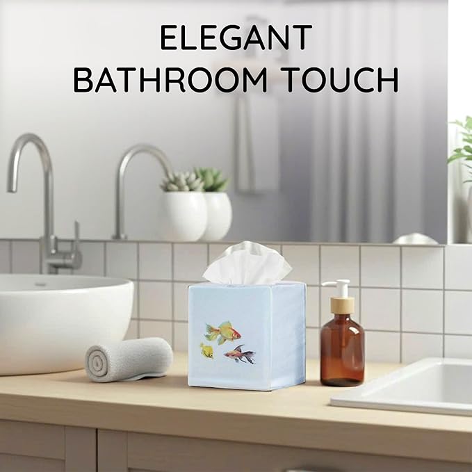 EmbroideryLinen.VN Tissue Box Cover Set of 2, Square Cotton Tissue Holder, Printed Animal Pattern, 4.5x4.5x5.5 Inches, Decorative Holder for Bathroom, Living Room, Office (Fish)