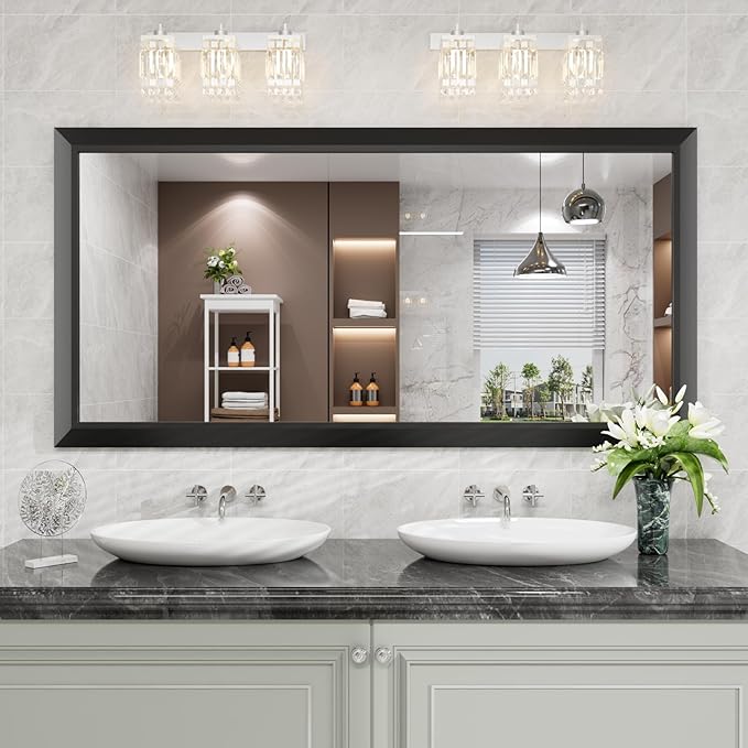 Amorho Bathroom Mirror Black, 60 X30 Inch Thick Metal Framed Wall Mirrors
