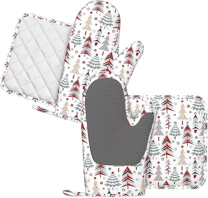 Christmas Trees Oven Mitts and Pot Holders Set, 4pcs Silicone Winter Snowflake Pattern Oven Glove for Kitchen Heat Resistant Christmas Oven Mitts and Potholders Non-Slip for Cooking