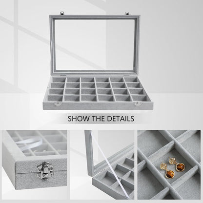 Wudygirl Jewelry Organizer Velvet Jewelry Tray 24 Grid Jewelry Box Earring Holder Organizer Removable Display Case Organizer Glass Top Lid & Lock (24 Grid)
