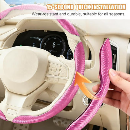 3PCS Carbon Fiber Car Steering Wheel Cover, Leather Segmented Anti-Skid Steering Wheel Protector, Snap on Automotive Interior Protection Accessories, Universal for Vehicles (Pink)