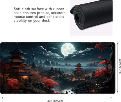 Japanese Full Moon Large Mouse Pad,Gaming Keyboard Desk Pad,Extended Mouse Mat Non-Slip Rubber Base with Stitched Edges for Office Game Home XXL 35.4"x15.7"