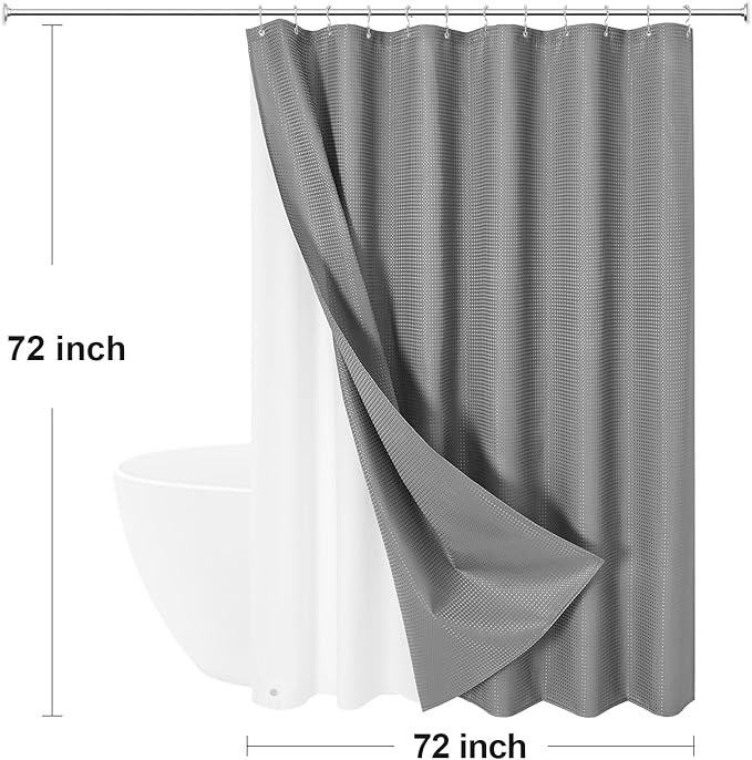 Craidlela 3 in 1 Shower Curtain Set, Grey Waffle Shower Curtain and PEVA Liner Set with 12 Stainless Steel Shower Curtain Hooks, Gray Waterproof Fabric Shower Curtains for Bathroom, 72 W x 72 H
