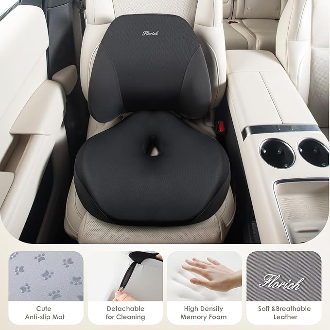 FLORICH Lumbar Support Pillow and Car Seat Cushion, Ergonomic Back Support Pillow and Seat Chair Cushion for Office Chair Memory Foam Lumbar Support and Car Seat Cushion for Car Seat Driver - Black