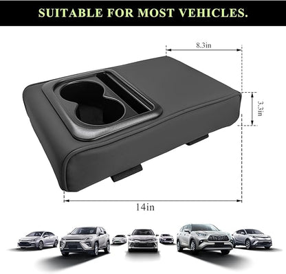 Car Center Console Armrest Pillow, Leather Auto Arm Rest Cover Protector with Cup Holder and Phone Holder, Memory Foam Armrest Cushion for Most Vehicles (Black, Glossy)