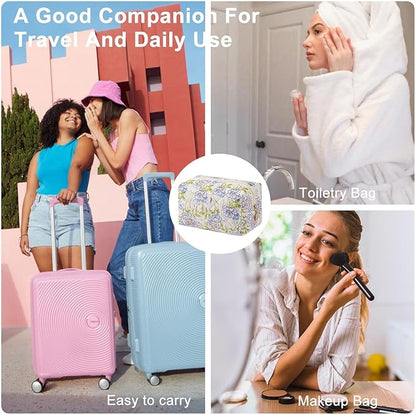 Gleyemor Small Quilted Makeup Bag for Women, Cute Floral Bow Cosmetic Bag, Emergency Bag Travel Toiletry Cotton Pouch Gifts for Girls Her Mom Friend Sister Bridesmaid (Green-Blue)