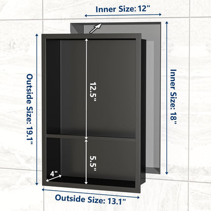 Stainless Steel Shower Niche 18" X 12", No Tile Needed Wall Niche Double Shelves, Recessed Shower Shelf for Bathroom Storage, Matte Black