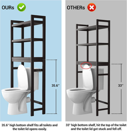 Homykic Over The Toilet Storage, Bamboo 3-Tier Over-The-Toilet Space Saver Organizer Rack, Stable Freestanding Above Toilet Stand with 3 Hooks for Bathroom, Restroom, Laundry, Espresso