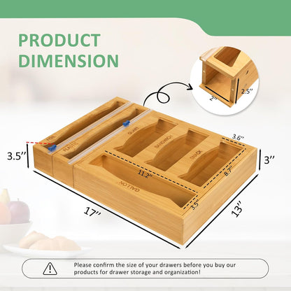 6-in-1 Magnetic Bamboo Drawer Organizer for Food Bags and Wraps Adjustable Compartment Storage with Dispenser and Cutter Fits Gallon Quart Sandwich and Snack Sizes
