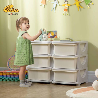 Qaba 3 Tier Kids Storage Unit, 6 Drawer Chest Toy Organizer Plastic Bins for Kids Bedroom Nursery Kindergarten Living Room for Boys Girls Toddlers, Cream White