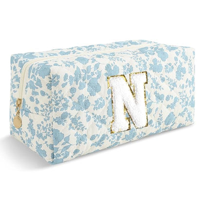 Personalized Quilted Cosmetic Bag, Puffy Monogrammed Christmas Birthday Gifts for Women & Girls, Cute initial Floral Makeup Bag Puffer Coquette Bag, Aesthetic Travel Toiletry Zipper Pouch(Blue,N)