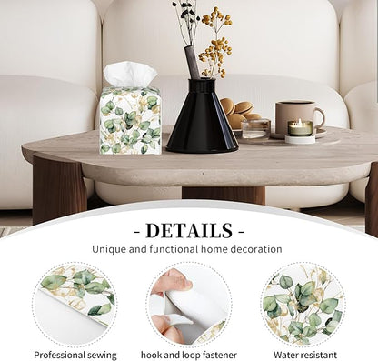 POIUBLE Leather Tissue Box Holder Gold and Green Eucalyptus Leaf Tissue Box Cover Square Waterproof Tissue Holder Organizer Modern Napkin Holder for Bedroom Dresser Night Stand Office Desk