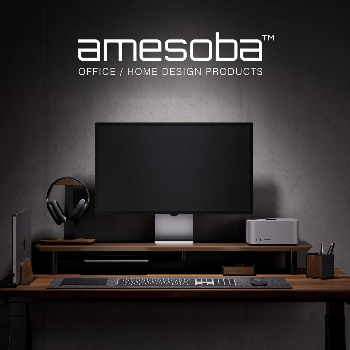 Walnut Dual‑Tier Monitor Stand for Modern Desk Setup – Minimalist Wooden Riser Shelf for Dual Monitors, Laptops, Home Office Aesthetic (Dark Walnut, Large)