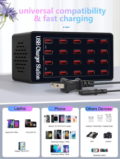 100W 20Port USB Charging Station, Multi USB Charger for Multiple Devices, Black