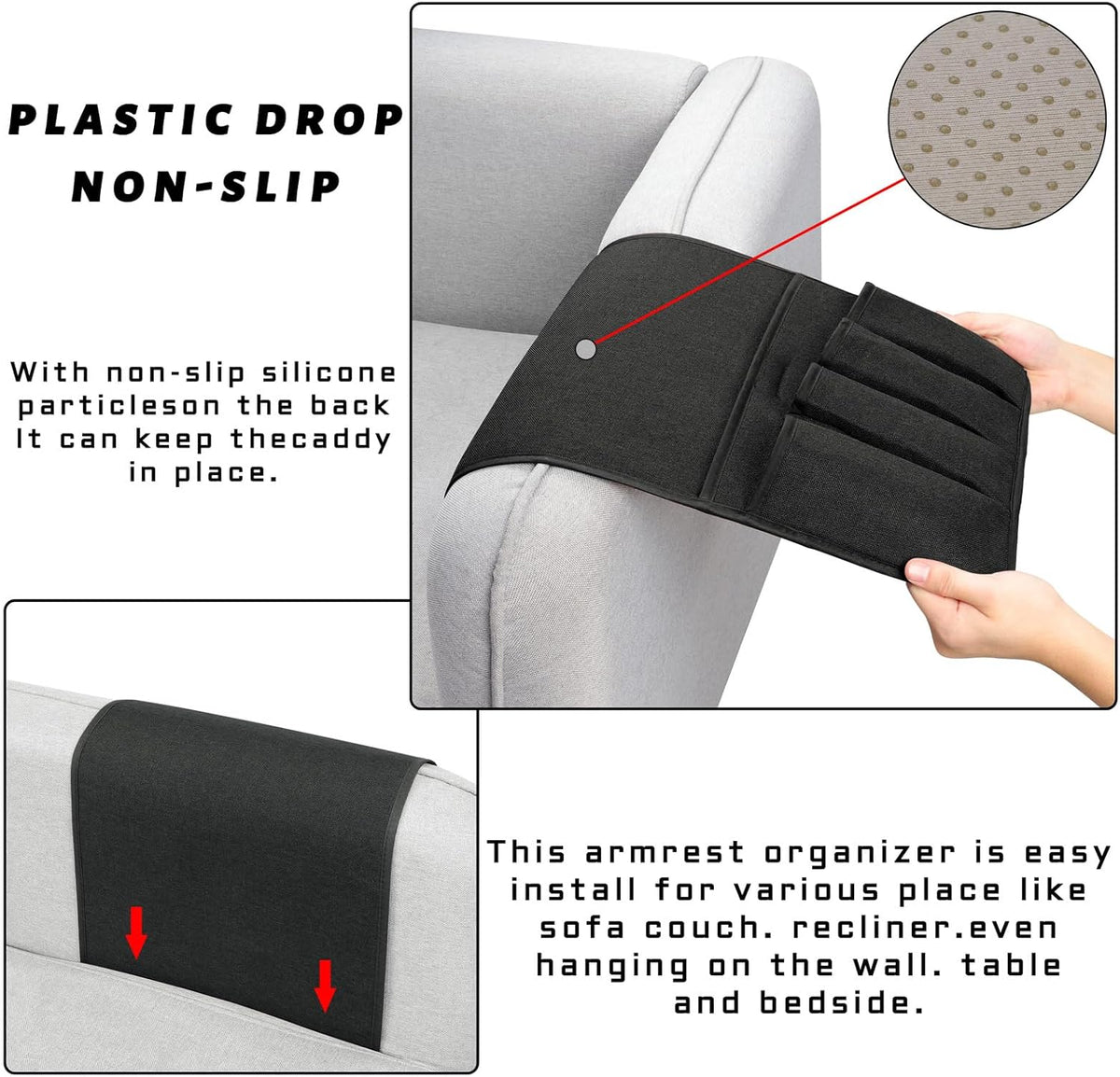 NB Sofa Armrest Organize remote holder bedside caddy organizer with 5 pockets，non-slip couch remote control holder couch armchair caddy accessories (black, 35"x12.4")