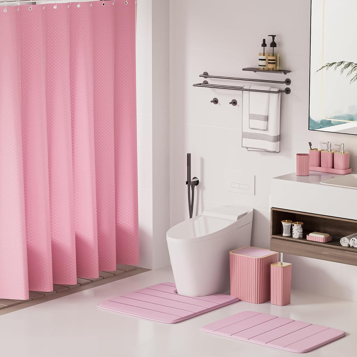 Bathroom Accessories Set - 25PC Pink Bathroom Set, Bathroom Set with Shower Curtain and Rugs, Pink Shower Curtain Set, Toilet Brush, Bathroom Trash Can
